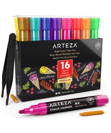 ARTEZA Liquid Chalk Markers Set of 16 (16 Bright Colors, 16 Replaceable Chisel Tips, Tweezers, 50 Labels, 2 Stencils), Dust-Free, Water Based Chalkboard Markers, Office Supplies