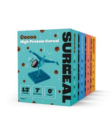 Surreal Variety Pack - High Protein Cereal Low Sugar- Healthy Plant Based in Fibre Carb Gluten Free Vegan 13g of Protein 0g Sugar 240g per Box 4 (1 x each)