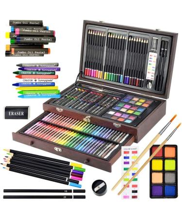 Sunnyglade 145 Piece Deluxe Art Set  Wooden Art Box & Drawing Kit with Crayons  Oil Pastels  Colored Pencils  Watercolor Cakes  Sketch Pencils  Paint Brush  Sharpener  Eraser  Color Chart (Cherry) multi-color