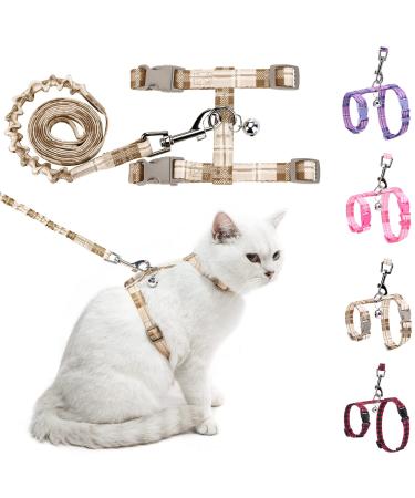 BEAUTYZOO Katzengeschirr und Leine ausbruchsicher zum Spazierengehen K tzchen weich verstellbar f r kleine atmungsaktives kariertes Band Nylon f r den Innen- und Außenbereich S Beige