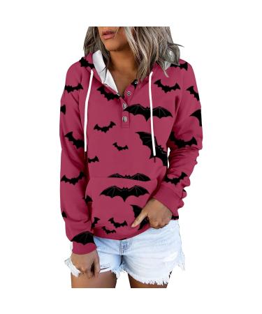 Creoqiji sweater women black women's sweater printed fashionable casual long-sleeved button cord tie tie hat hooded women hot pink m