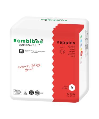 Bambibo Baby diapers size 5 junior (12-17 kg) - Cottonwear - Baby Wegwerfwindeln with organic cotton and vegetable materials with moisture indicator - 24 pieces.Diapers size 5 24 pieces