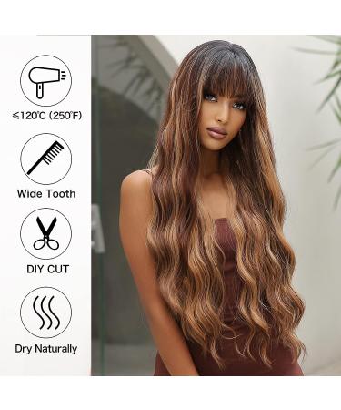 Allbell Long Wave Brown Highlight Wig with Bangs | Synthetic Hair Dark Roots Brown Mixed Blonde - Women's Wigs - Buy Online on SooperMarket.com
