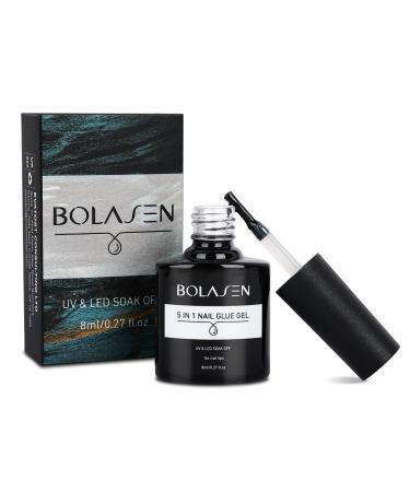 5 In 1 Gel Nail Glue Extra Strong BOLASEN Gel Nail Glue for Acrylic Tips Brush On Nail Glue for Broken Nails UV Nail Glue Gel Glue for Nails Gel Glue Need Curing Under UV/LED Nail Lamp-1 * 8 Ml 1PCS gel nail glue