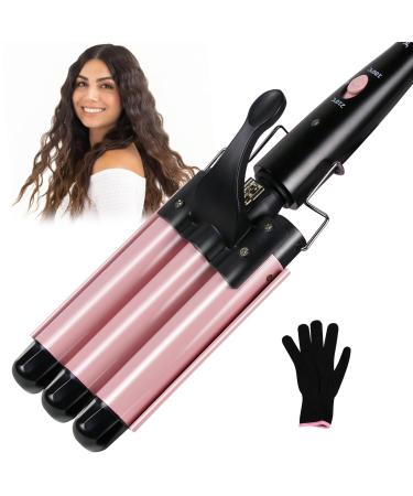 3 Barrel Curling Iron Wand janelove 1 Inch Ceramic Tourmaline Triple Barrels Hair Waver with Two Temperature Control Fast Heating Portable Beach Waver Curling Iron-Pink