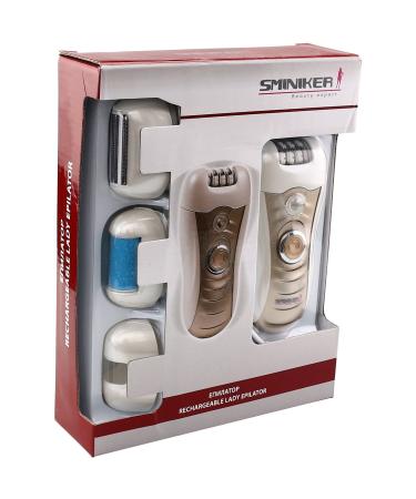 Sminiker 3 in 1 Lady Rechargeable Hair Removal Kit - Waterproof Bikini Trimmer, Epilator, Callus Remover - LED Shaver for Arms, Underarms, Bikini Line & Legs (Gold) - Buy Online on SooperMarket.com