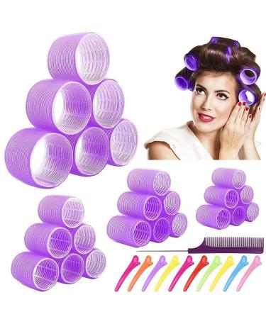 Jumbo Hair Rollers Set Hair Rollers Self Grip Curlers For Long Hair No Heat Curlers Heatless Hair Rollers With Clips & Comb 24 Packs (Purple 24Pcs)