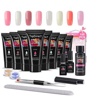 Nail gel set topdirect 8 colors 30ml poly nail gel nail polish UV color gel nail gel with top base coat slip solution nail brush and 100PCs nail tip shape for nail design pink
