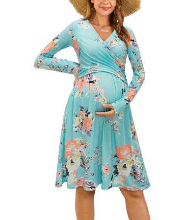 OUGES Womens V-Neck Maternity Nursing Dress with Pockets - Long Sleeve Floral D - Buy Online on SooperMarket.com
