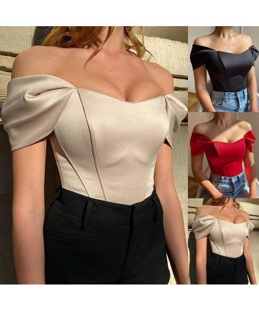 Womens Sexy Tube Top Off Shoulder Puff Sleeve Blouse | Slim Fit Fishbone Thread Breast Wrap Pullover - Beige - Buy Online on SooperMarket.com