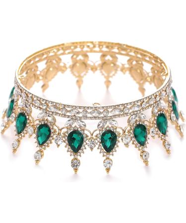 FORSEVEN Queen Crown Rhinestone Wedding Tiara | Crystal Bridal Princess Crown for Women - Gold and Green | Costume Party Hair Accessory - Buy Online on SooperMarket.com