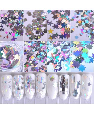 Holographic Nail Art Glitter Sequins - Laser Silver Decals 12 Grids | 3D Butterfly, Star, Heart, Unicorn Sticker Confetti for Acrylic Nails - Buy Online on SooperMarket.com