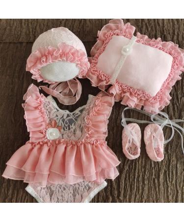 Yuehuam Newborn Photography Prop Girl Outfits Set - Baby Lace Romper, Hat, Pillow, Shoes & Skirt Clothes in Pink for Infant Photoshoot - Buy Online on SooperMarket.com