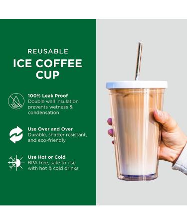 24 Oz Reusable Iced Coffee Cup with Leak Proof Double Wall Insulation - Includes Plastic & Metal Straws and Cleaner - Buy Online on SooperMarket.com