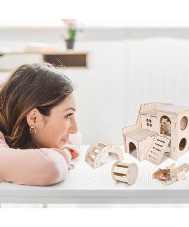 Byzesty Wooden Hamster House - 7 Piece DIY Toy & Accessories for Guinea Pigs Dwarf Hamsters Chinchillas | Fun Roller Bridge Rocker & Swing - Buy Online on SooperMarket.com