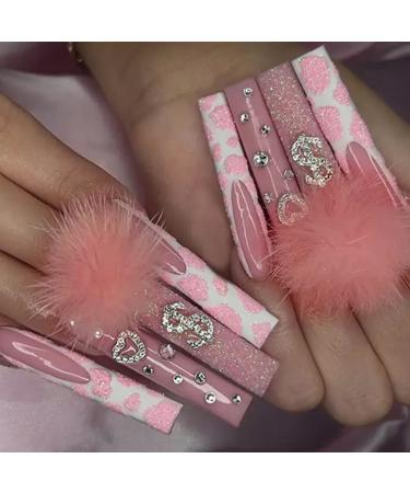 JUSTOTRY 24 Pcs False Nails Long with Diamonds Pink Glitter French Press on Nails Patterns Heart Ballerina Stick on Nails for Women Acrylic Coffin Fake Nails Medium with Glue for Nail Art pink&heart1
