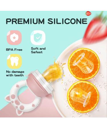 Baby Fruit Food Feeder Pacifier - Fresh Teething Teether Toy for 3-24 Months | 6 Pcs Silicone Pouches | Piggy Handle 2-Pack (Pink) - Buy Online on SooperMarket.com