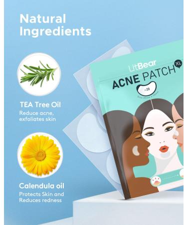 LitBear Extra Large Hydrocolloid Acne Patches with Tea Tree & Calendula Oil - 20 Count - Buy Online on SooperMarket.com