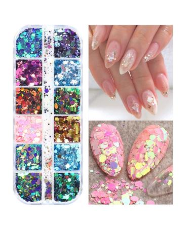 Holographic Nail Art Glitter Flakes - 12 Grids | Hexagon Sequins for Manicure Decoration - Buy Online on SooperMarket.com