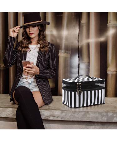 Large Makeup Bag BAGSMART Travel Cosmetic Case with Clear Toiletry Pouch | Double Layer Organizer with Adjustable Dividers | Portable Artist Storage Bag | Black & White Stripes - Buy Online on SooperMarket.com