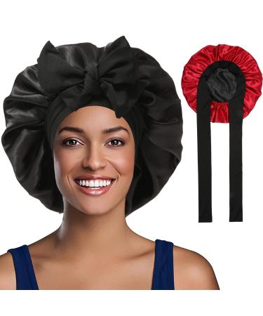 Welrog satin hair hood for women - double -sided satin silk hood to sleep sleep hood hair protect hair hood for the night satin bonnet black/wine red