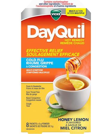 DayQuil Hot Remedy Cold Flu & Congestion Medicine Daytime Non-Drowsy Relief for Fever & Headache Sore Throat Pain Nasal Congestion Cough Multi-Action Honey Lemon Flavoured 8 Powder Packets - Buy Online on SooperMarket.com