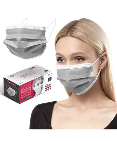 HARD 50 pieces Disposable Face Masks | Made in Germany | Type IIR & CE certified | Breathable Triple Layer - Filtration 99 78% | Elastic Earloops | Mouth Cover - Adults - Grey 50 Piece standard size (17 5 cm x 9 5 cm) Grey
