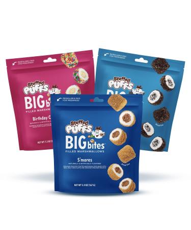 Stuffed Puffs Big Bites - Variety Pack Coated Marshmallows 3 Pack, 1 bag of each S'mores, Cookies n Crème, and Birthday Cake, Perfect for Snacking, Smores, Dessert, 3 Bags