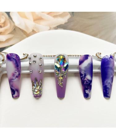 24Pcs Purple Rhinestone Long Coffin Press on Nails - Full Cover Acrylic Matte Artificial Luxury Nails for Women and Girls - Buy Online on SooperMarket.com