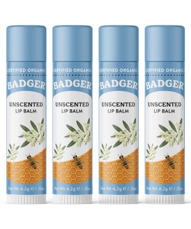 Badger - Classic Lip Balm Unscented Made with Organic Olive Oil Beeswax & Rosemary Certified Organic Moisturizing Lip Balm 0.15 oz (4 Pack)