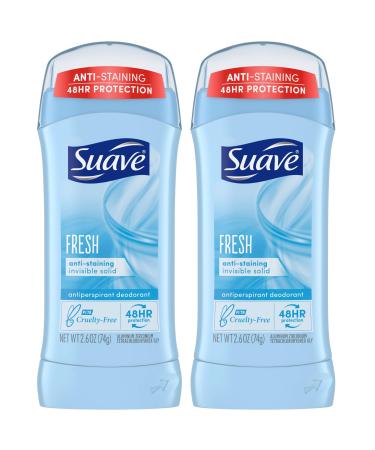 Suave Deodorant for Women Fresh Invisible Solid Antiperspirant Deodorant Stick 48H Protection Anti-Staining Cruelty-Free Scented 2.6 Oz (Pack of 2)