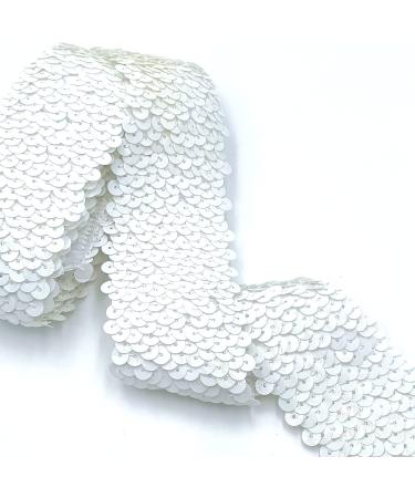 YOOGCORETT 2 Yards White Elastic Sequin Ribbon Trim Glitter Metallic Stretch Flat Sequin for Sewing Dress Costume Embellishments Headband and Crafts Sequin 1.8"Inch