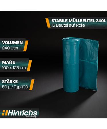 Hinrichs 240L Extra Strong Garbage Bags - 15 Rolls of Tearproof Recycling LDPE Waste Bags for Garden Household & Construction - 100x125 cm Blue Sacks - Buy Online on SooperMarket.com