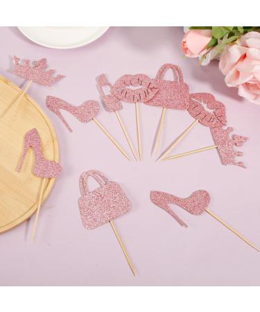 24pcs Princess Cupcake Toppers Glitter Pink Cupcake Decoration Lipstick High Heel Crown Lip Handbag Bow Cake Topper for Birthday Wedding Baby Shower Bachelorette Party Supplies - Buy Online on SooperMarket.com