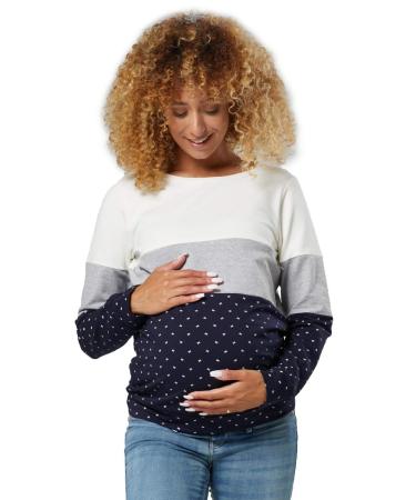HAPPY MAMA Women's Maternity Nursing Cotton Sweatshirt Zip Front Colorblock 1285 16 Ecru & Grey Melange