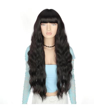 YEESHEDO Long Black Wigs with Fringe - Natural Looking 28 Inches Curly Wavy Synthetic Hair for Women - Ideal for Daily Wear and Halloween Cosplay - Buy Online on SooperMarket.com