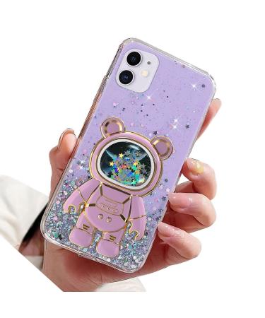 Rnrieyta Magon B r Astronaut Stander Shell Glitzer for iPhone 12 Cute girls thin crystal protective cover Treisand bling transparent case bumper with astronaut holder kickstand purple iPhone 12 purple