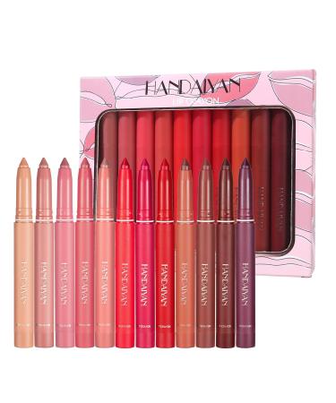 12 Colors Matte Lipstick Pen Lip Liner Pencil Set Waterproof Matte Lip Crayon Non-sticky Long-lasting Wear with Built-in Sharpener