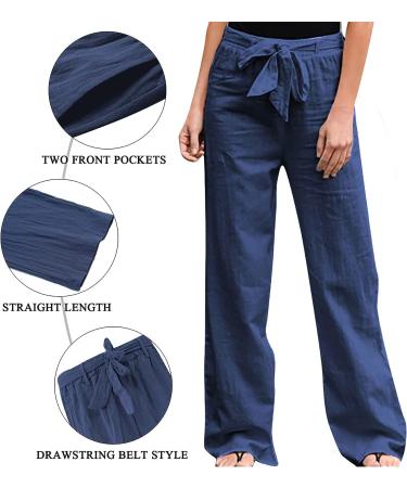 LAIJOJIO Women's Linen Pants - Lightweight Casual Drawstring Elastic Waist Wide Leg Trousers with Pockets (Dark Blue, Small) - Buy Online on SooperMarket.com