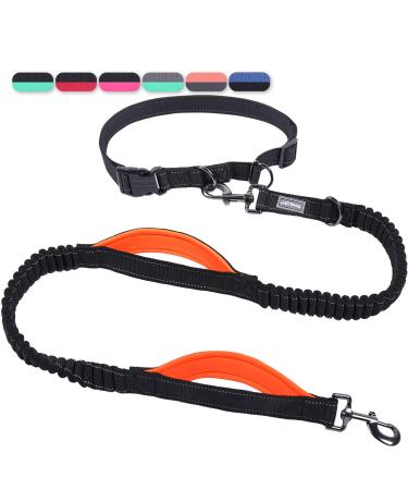 Vivaglory free-handed dog leash with double anti-shock bungees and padded handles reflective waist running leash for training jogging for medium large dogs black/orange s: fits the waist 65-112cm black/orange