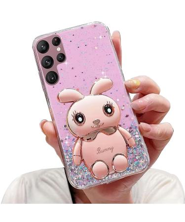Tivenfezk Nadoli for Samsung Galaxy S22 Ultra Hase Hidden Stand Shell caricature glitter rabbits stand soft silicone bling cell phone case transparent protective cover samsung galaxy s22 ultra pink