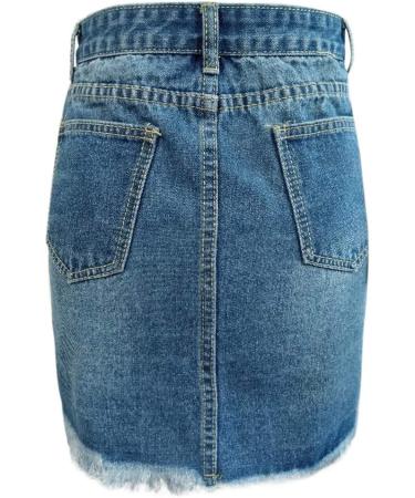 Sanahy Women's Frayed Dark Washed Mini Denim Pencil Skirt | Button Front Asymmetrical Distressed Jean Short Skirt in Dark Blue - Buy Online on SooperMarket.com