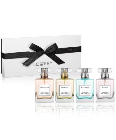 Valentines Gifts for Women Perfume for Women Women's Perfume Gift Set - 4pc Sampler With Vanilla Musk Amber Noir Blue Lagoon & Mary Rose Fragrances - Large Bottle of Floral Parfum Made in France White Set
