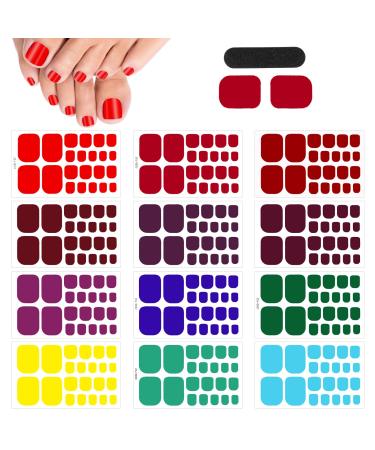 JSRQT 12 Sheets Full Toe Nail Stickers Solid Colors Toe Nail Polish Stickers Red Purple Brown Gel Nail Stickers with Nail File Full Toe Nail Wraps DIY Nail Decor Art Toenails Stickers for Women Girls