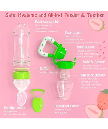 HAOBAOBEI Baby Fresh Fruit/Food Feeder Pacifier (2 Pcs) - Silicone Teething Toys with 2 Sized Pouches, Spoon, Bottle Brush - Blue&Green Set - Buy Online on SooperMarket.com