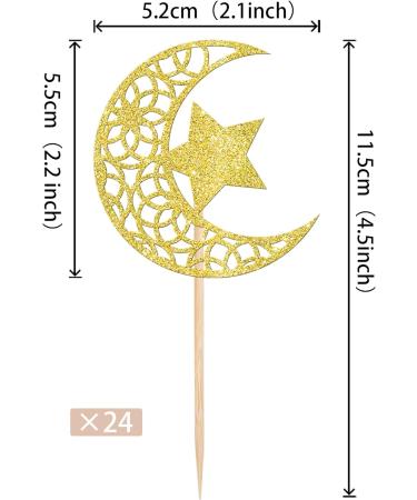 Rsstarxi 24 Pack Gold Glitter Moon and Star Cupcake Toppers Eid Mubarak Cupcake Toppers Ramadan Kareem Party Cupcake Picks for Eid Islamic Muslim Party Cake Decorations Design 5 - Buy Online on SooperMarket.com