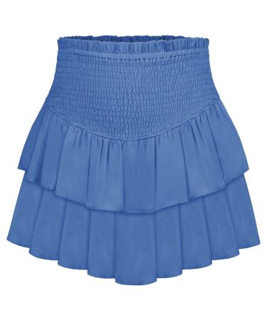 LAEMILIA Womens Elastic Waist Flared Short Skirt Floral Print Pleated Mini Skater Skirt with Drawstring XL 02-blue