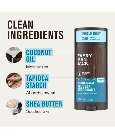 Every Man Jack All Over Deodorant - 24 Hour Whole Body Odor Protection - Aluminum Free - Coconut + Vanilla Scent 2.6 oz (1 Pack) Coconut + Vanilla 2.6 oz (Pack of 1) - Buy Online on SooperMarket.com