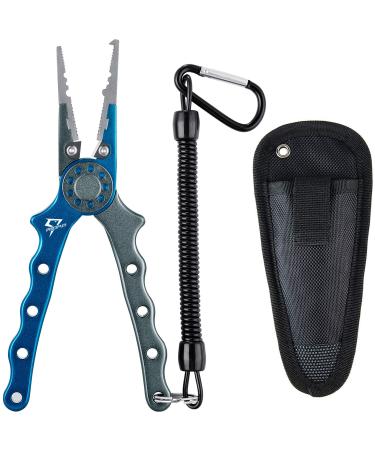 Piscifun Fishing Pliers Aluminum Braid Cutters Split Ring Pliers Hook Remover Fish Holder with Sheath and Lanyard Blue & Silver Nylon Sheath