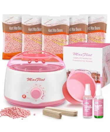 Waxing Kit, Wax Kit for Women Wax Pot MaxFlat Wax Kit with Silicone Bowl 5 Bag Rose Hard Wax Beans 17.6 oz, 20 Wax Applicator Sticks for Full Body Brazilian, Armpit, Eyebrow, Bikini, Leg Waxing Kit Kit 2- With Oil and Silicone Bowl